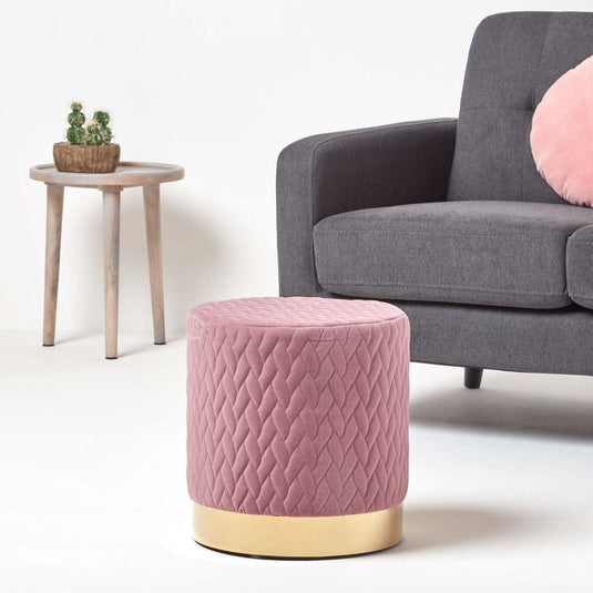 Pouf Rond en Velours Base Metal Doré