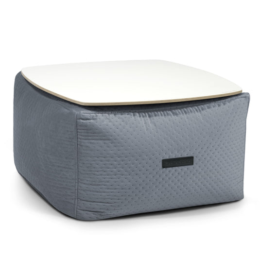 Pouf Table Basse en Velours Capitonné Bleu Gris