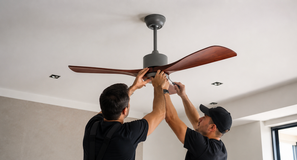 Installation d'un ventilateur de plafond au plafond d'une pièce Image