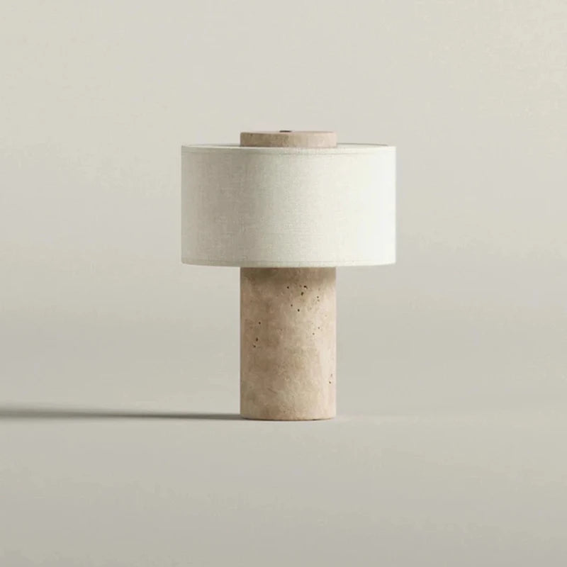 Lampe de chevet sans fil Isaure coloris Travertin, fût en pierre beige et abat-jour en tissu