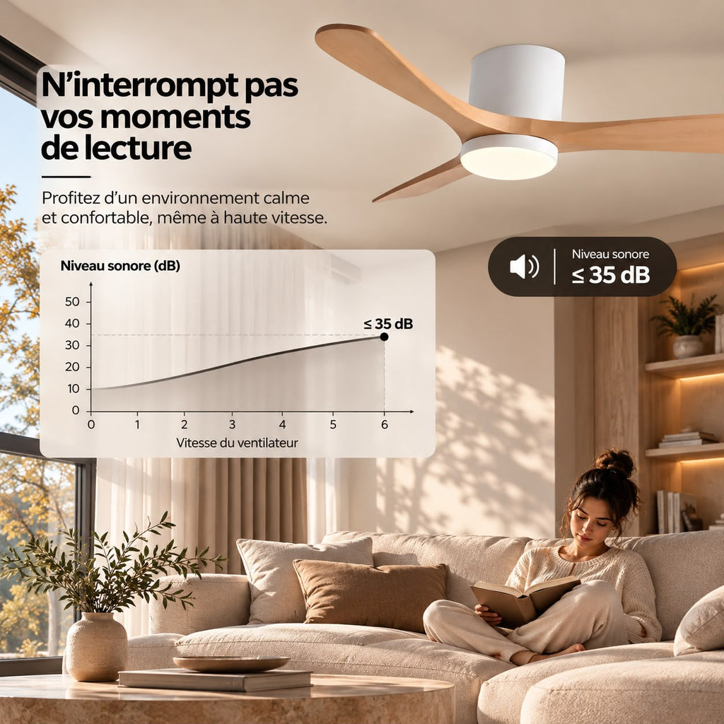 Ventilateur de Plafond en Bois Massif Silencieux pour Chambre Avec Lumière LED, Télécommande, Commande Murale et Réversible Été/Hiver - Ormelle