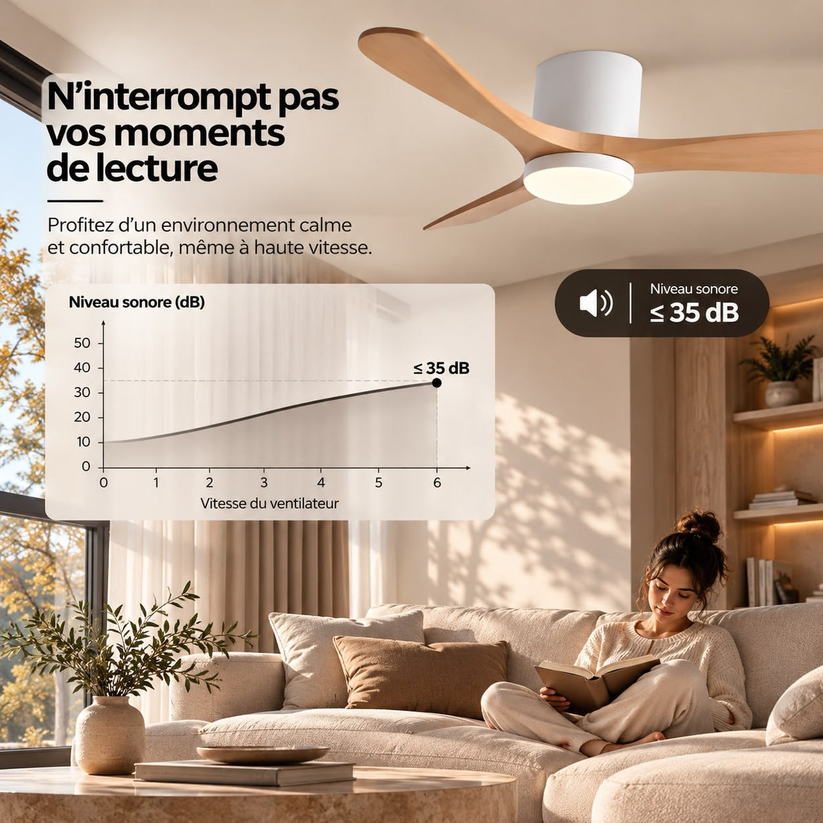 Ventilateur de Plafond en Bois Massif Silencieux pour Chambre Avec Lumière LED, Télécommande, Commande Murale et Réversible Été/Hiver - Ormelle