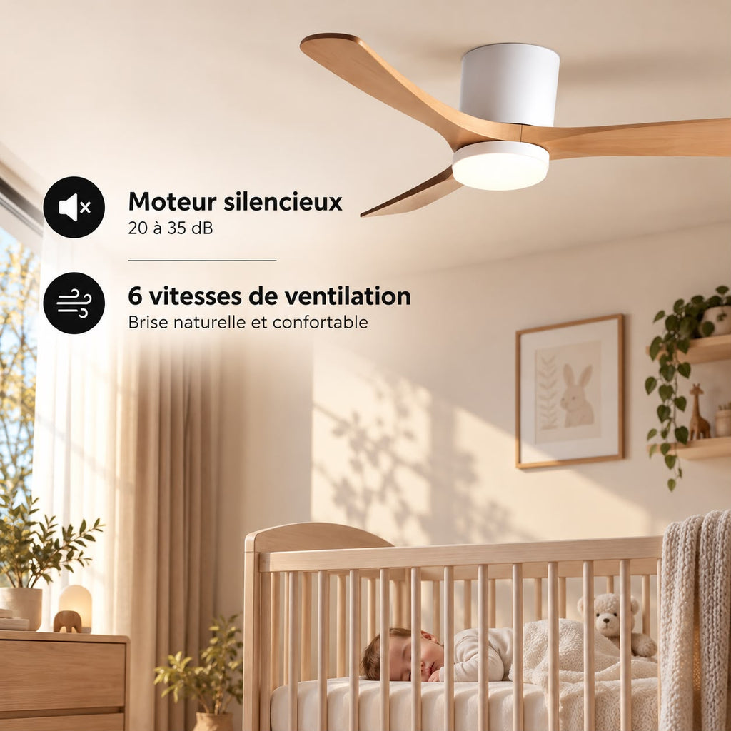 Ventilateur de Plafond en Bois Massif Silencieux pour Chambre Avec Lumière LED, Télécommande, Commande Murale et Réversible Été/Hiver - Ormelle