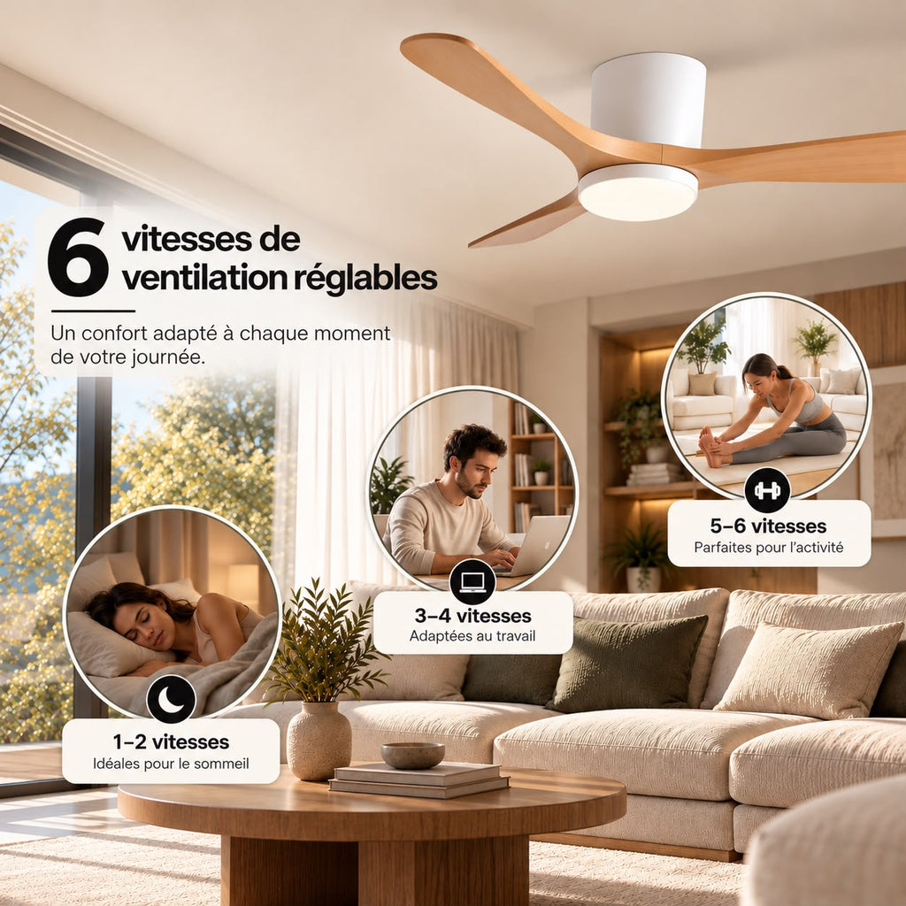 Ventilateur de Plafond en Bois Massif Silencieux pour Chambre Avec Lumière LED, Télécommande, Commande Murale et Réversible Été/Hiver - Ormelle