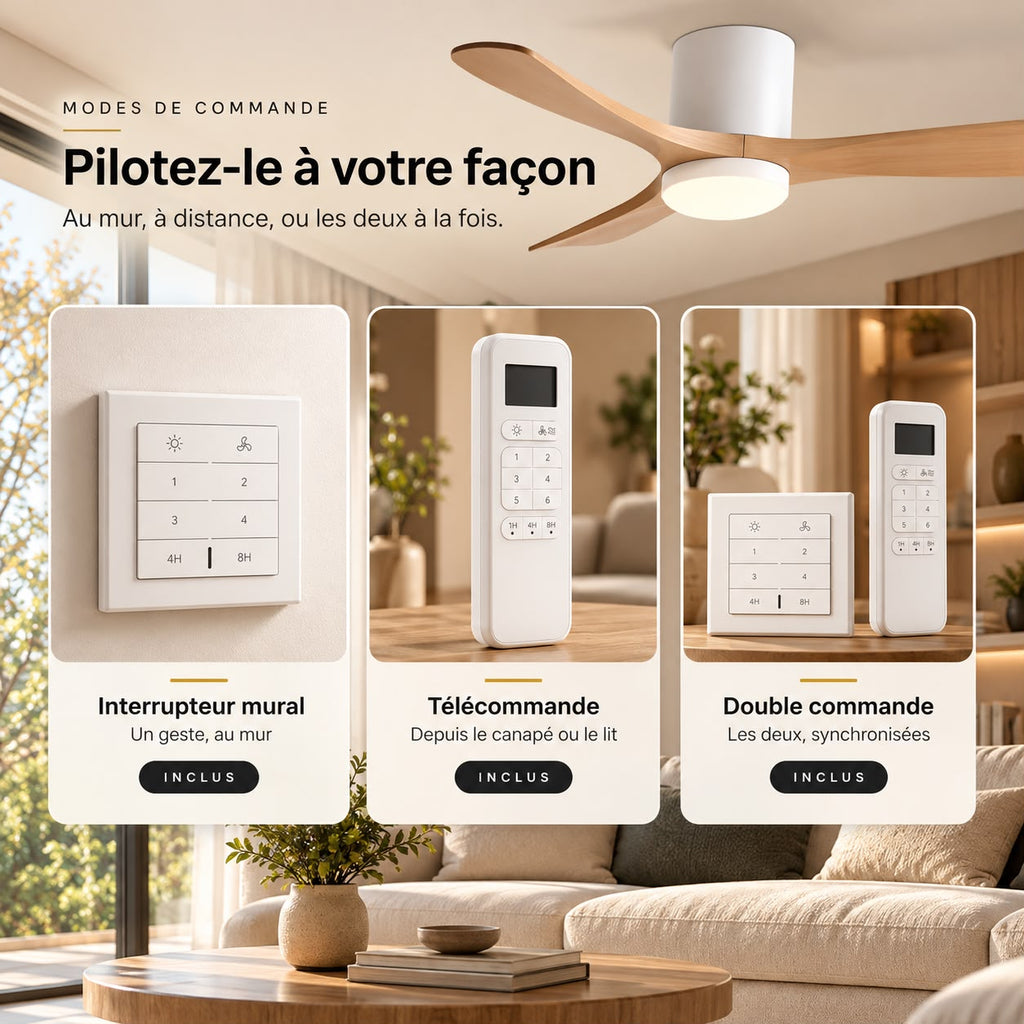 Ventilateur de Plafond en Bois Massif Silencieux pour Chambre Avec Lumière LED, Télécommande, Commande Murale et Réversible Été/Hiver - Ormelle