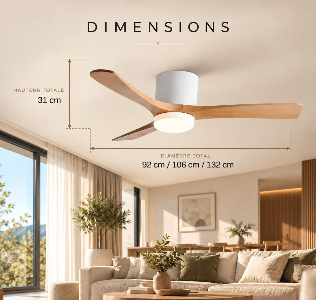 Ventilateur de Plafond en Bois Massif Silencieux pour Chambre Avec Lumière LED, Télécommande, Commande Murale et Réversible Été/Hiver - Ormelle