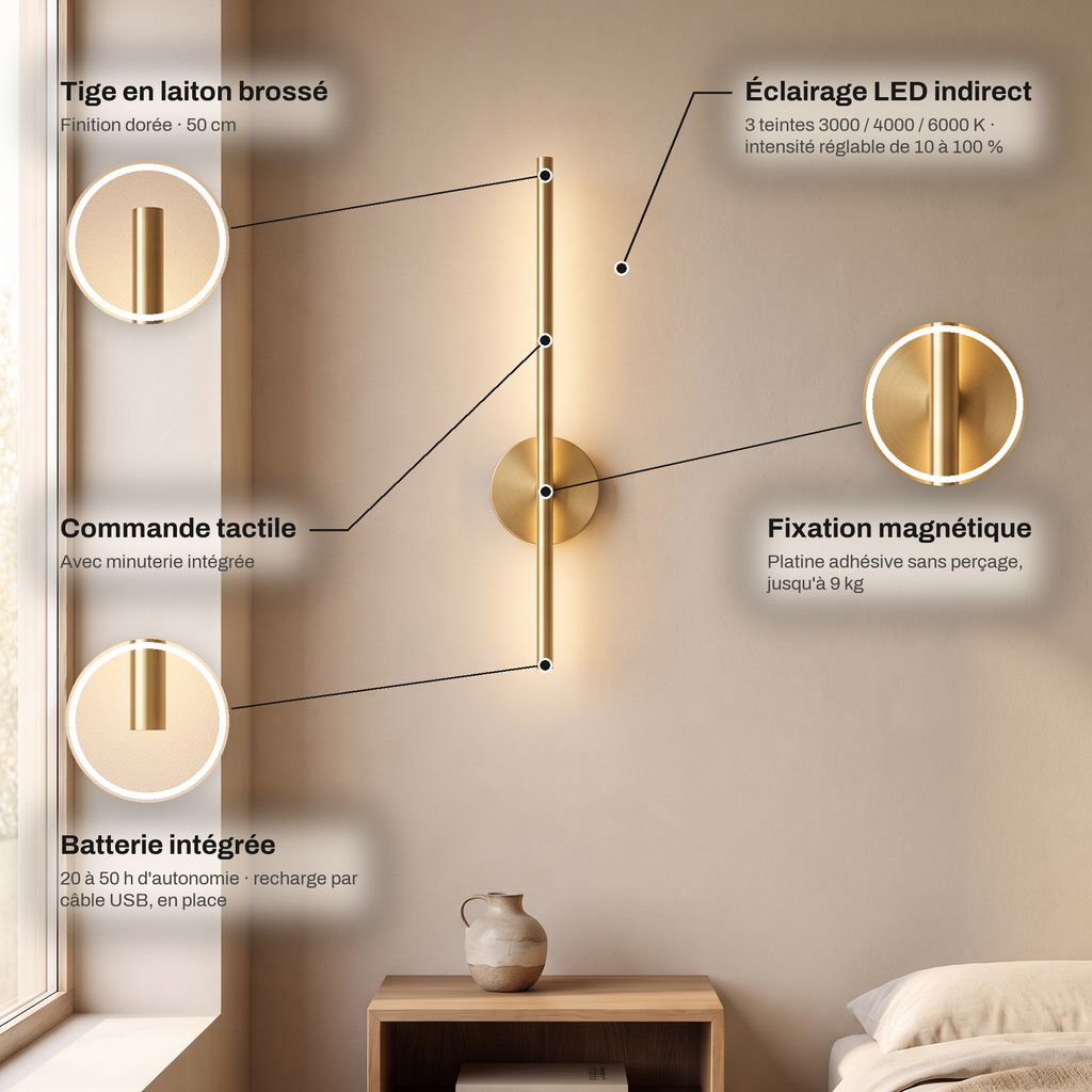 Applique murale LED design sans fil rechargeable, fixation magnétique, intensité réglable, batterie intégrée | LISERÉ