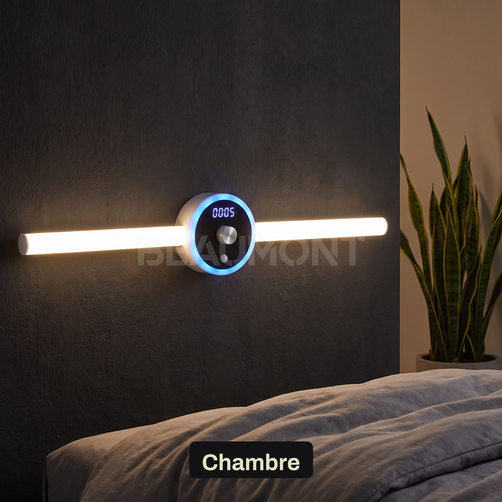Applique Murale LED Sans Fil Rechargeable avec Horloge et Commande par Geste, Détecteur de Mouvement et Pose Adhésive Sans Perçage - Horace