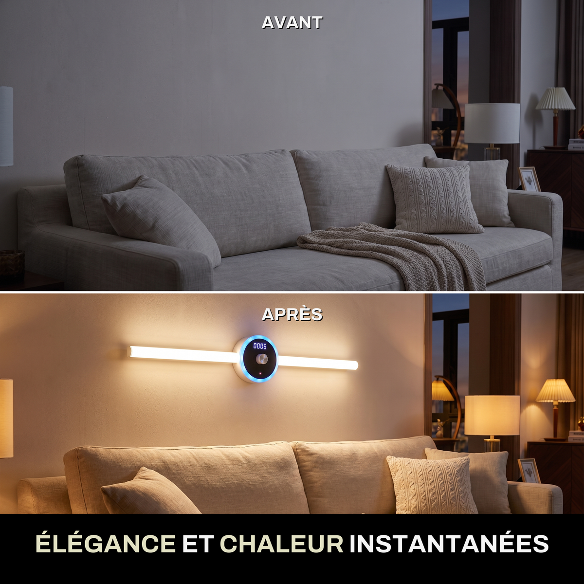 Applique Murale LED Sans Fil Rechargeable avec Horloge et Commande par Geste, Détecteur de Mouvement et Pose Adhésive Sans Perçage - Horace