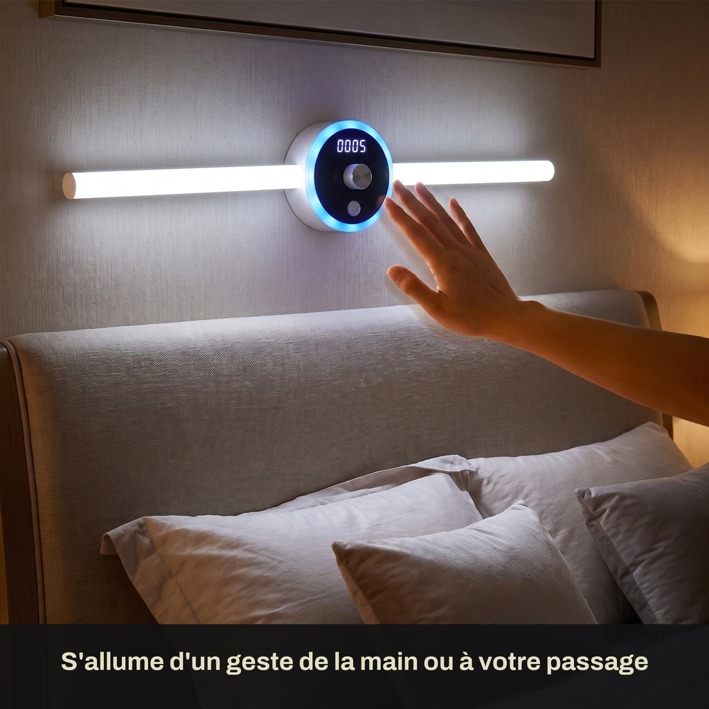 Applique Murale LED Sans Fil Rechargeable avec Horloge et Commande par Geste, Détecteur de Mouvement et Pose Adhésive Sans Perçage - Horace