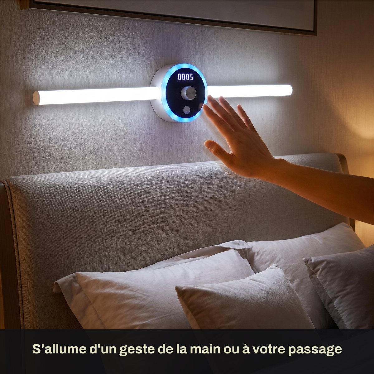 Applique Murale LED Sans Fil Rechargeable avec Horloge et Commande par Geste, Détecteur de Mouvement et Pose Adhésive Sans Perçage - Horace