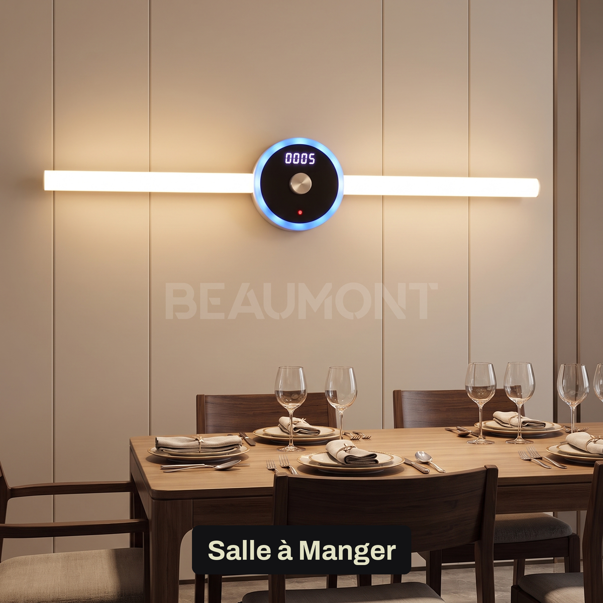 Applique Murale LED Sans Fil Rechargeable avec Horloge et Commande par Geste, Détecteur de Mouvement et Pose Adhésive Sans Perçage - Horace