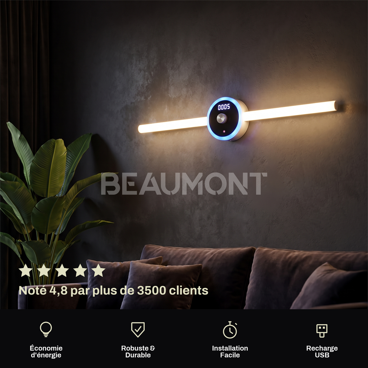Applique Murale LED Sans Fil Rechargeable avec Horloge et Commande par Geste, Détecteur de Mouvement et Pose Adhésive Sans Perçage - Horace