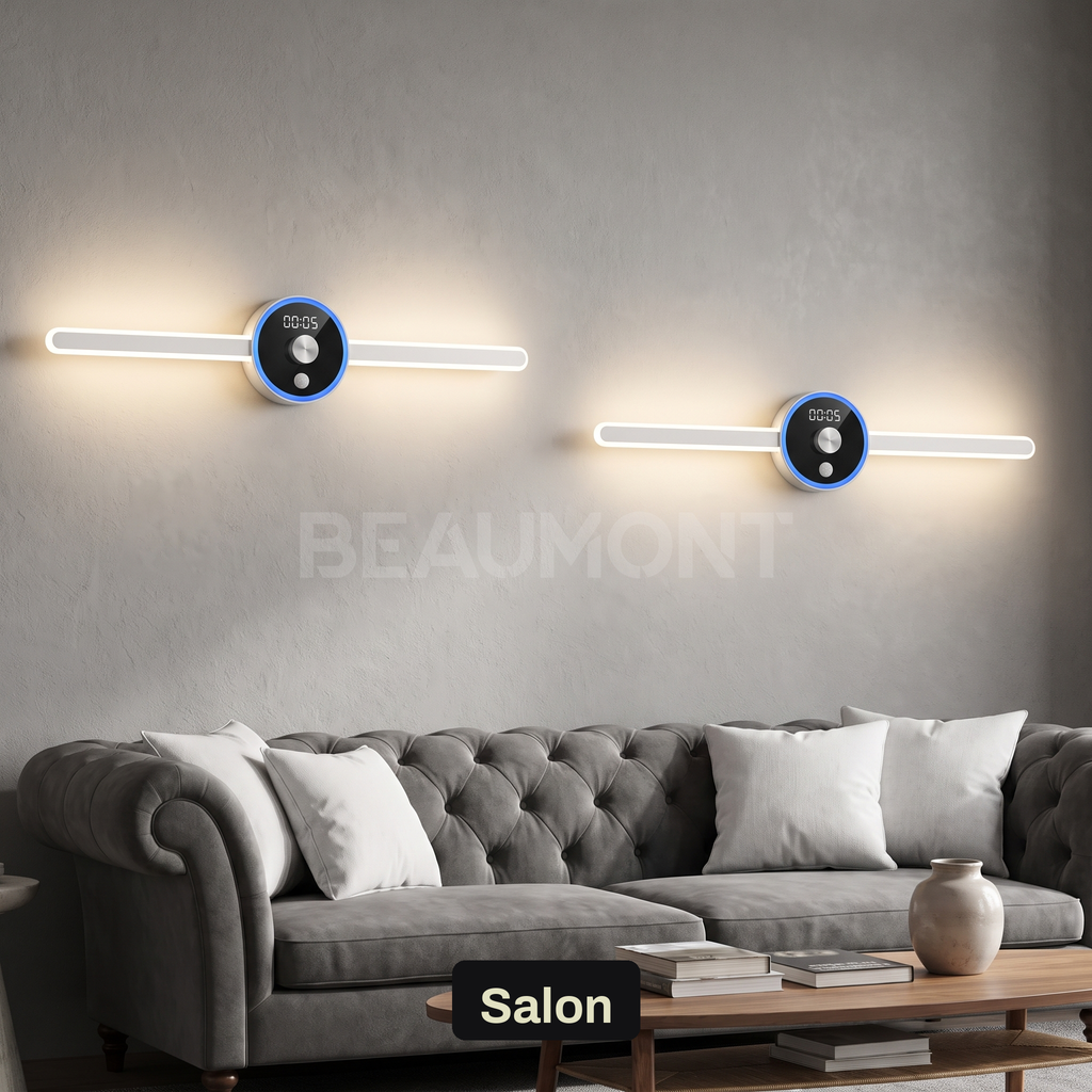 Applique Murale LED Sans Fil Rechargeable avec Horloge et Commande par Geste, Détecteur de Mouvement et Pose Adhésive Sans Perçage - Horace