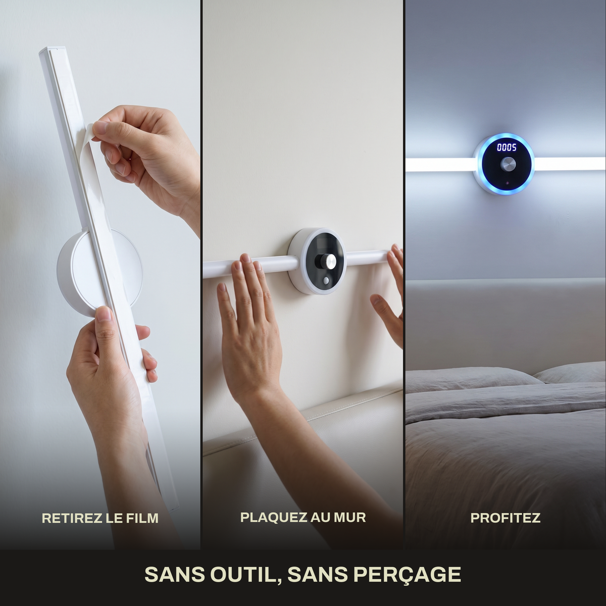 Applique Murale LED Sans Fil Rechargeable avec Horloge et Commande par Geste, Détecteur de Mouvement et Pose Adhésive Sans Perçage - Horace