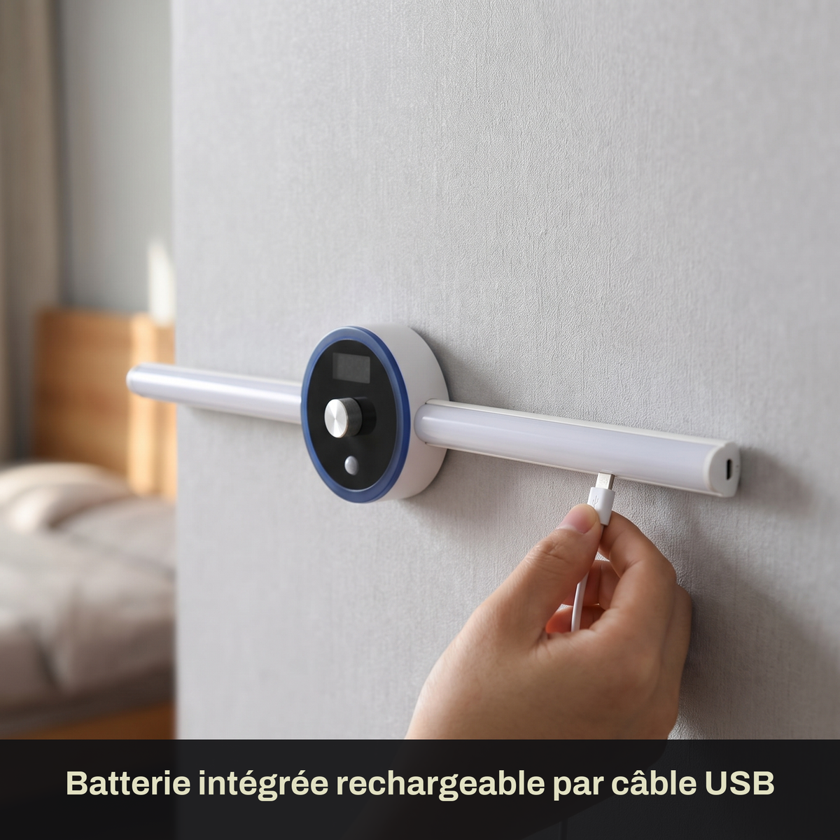 Applique Murale LED Sans Fil Rechargeable avec Horloge et Commande par Geste, Détecteur de Mouvement et Pose Adhésive Sans Perçage - Horace