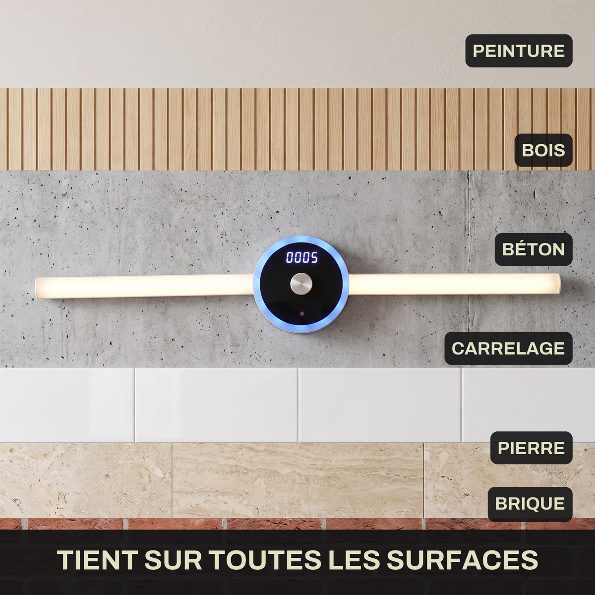 Applique Murale LED Sans Fil Rechargeable avec Horloge et Commande par Geste, Détecteur de Mouvement et Pose Adhésive Sans Perçage - Horace