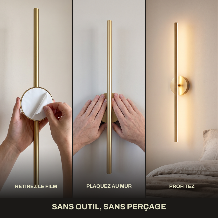 Applique murale LED Design Sans Fil Rechargeable Sans Branchement Électrique, Fixation Magnétique, Intensité Réglable, Batterie Intégrée | LISERÉ — pose de la platine et fixation magnétique