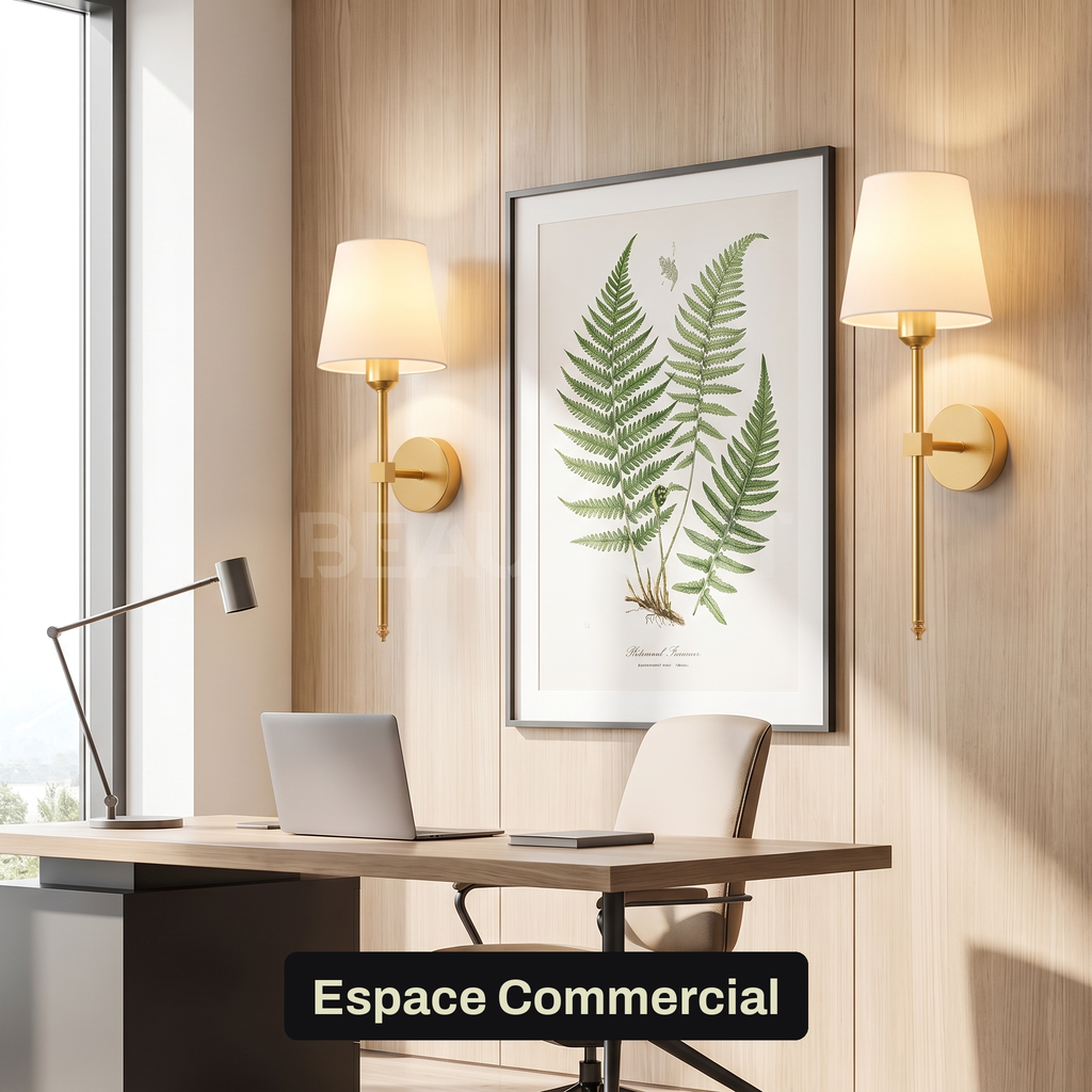 Deux appliques murales sans fil encadrant une affiche dans un bureau | Marquise