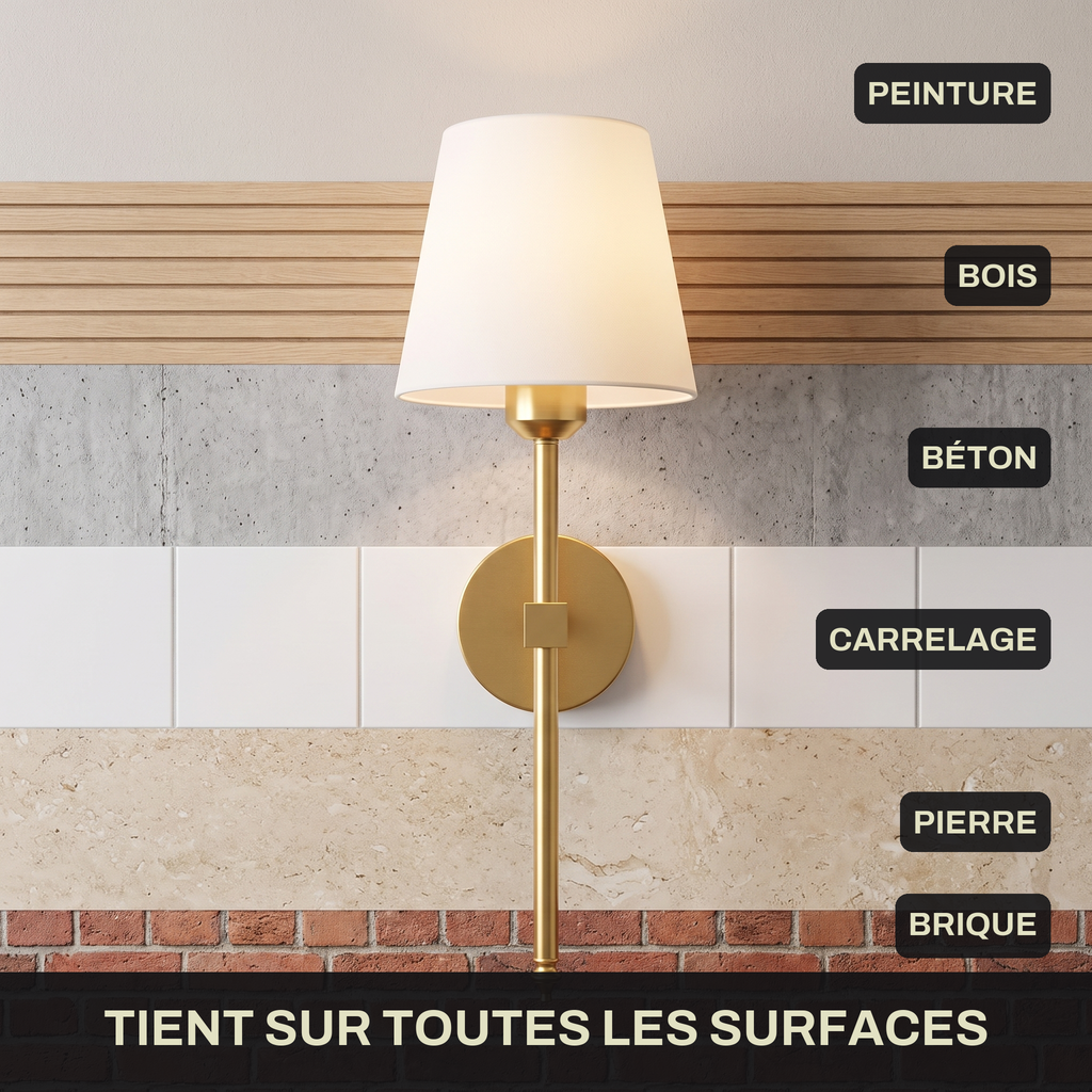 Applique murale sans fil fixée sur peinture, bois, béton, carrelage, pierre ou brique | Marquise