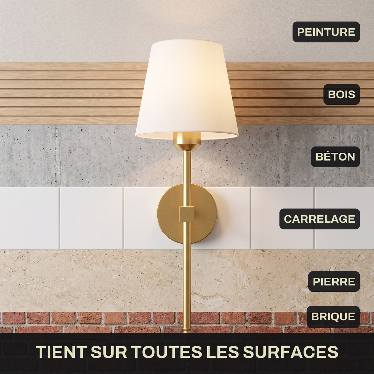 Applique murale sans fil fixée sur peinture, bois, béton, carrelage, pierre ou brique | Marquise