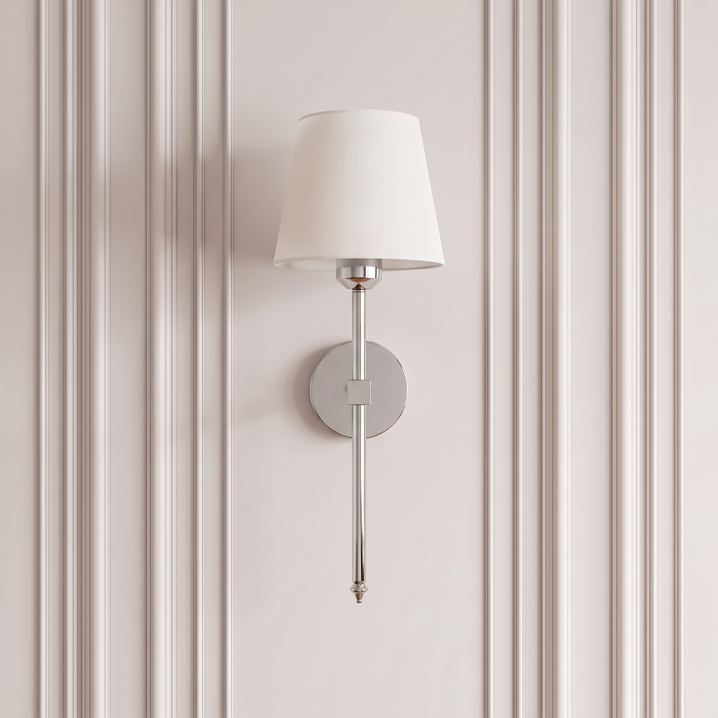 Applique murale sans fil argentée à abat-jour tissu blanc | Marquise