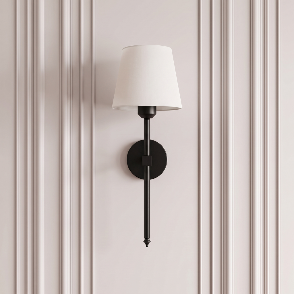 Applique murale sans fil noire à abat-jour tissu blanc | Marquise