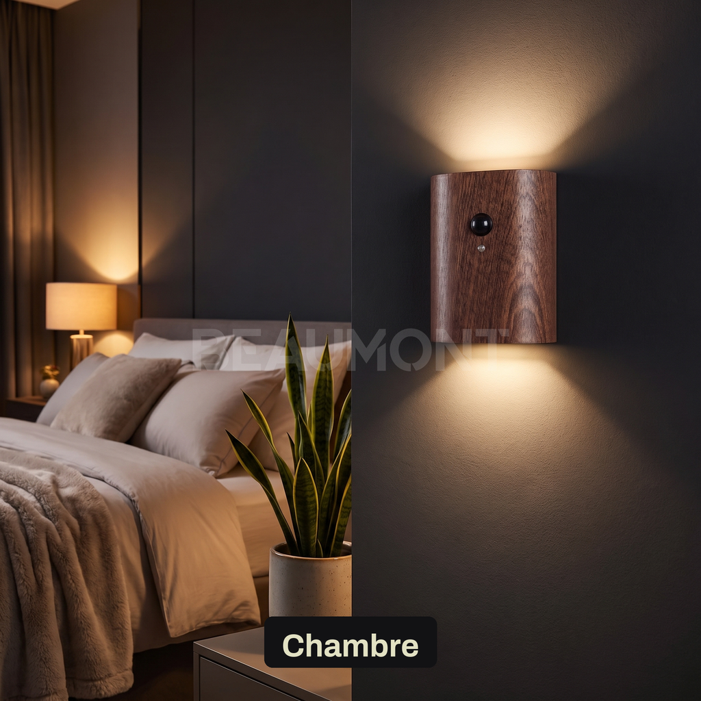 Applique Murale Sans Fil Bois Massif Double Éclairage Haut et Bas avec Détecteur de Mouvement, Rechargeable et Sans Perçage - Octave