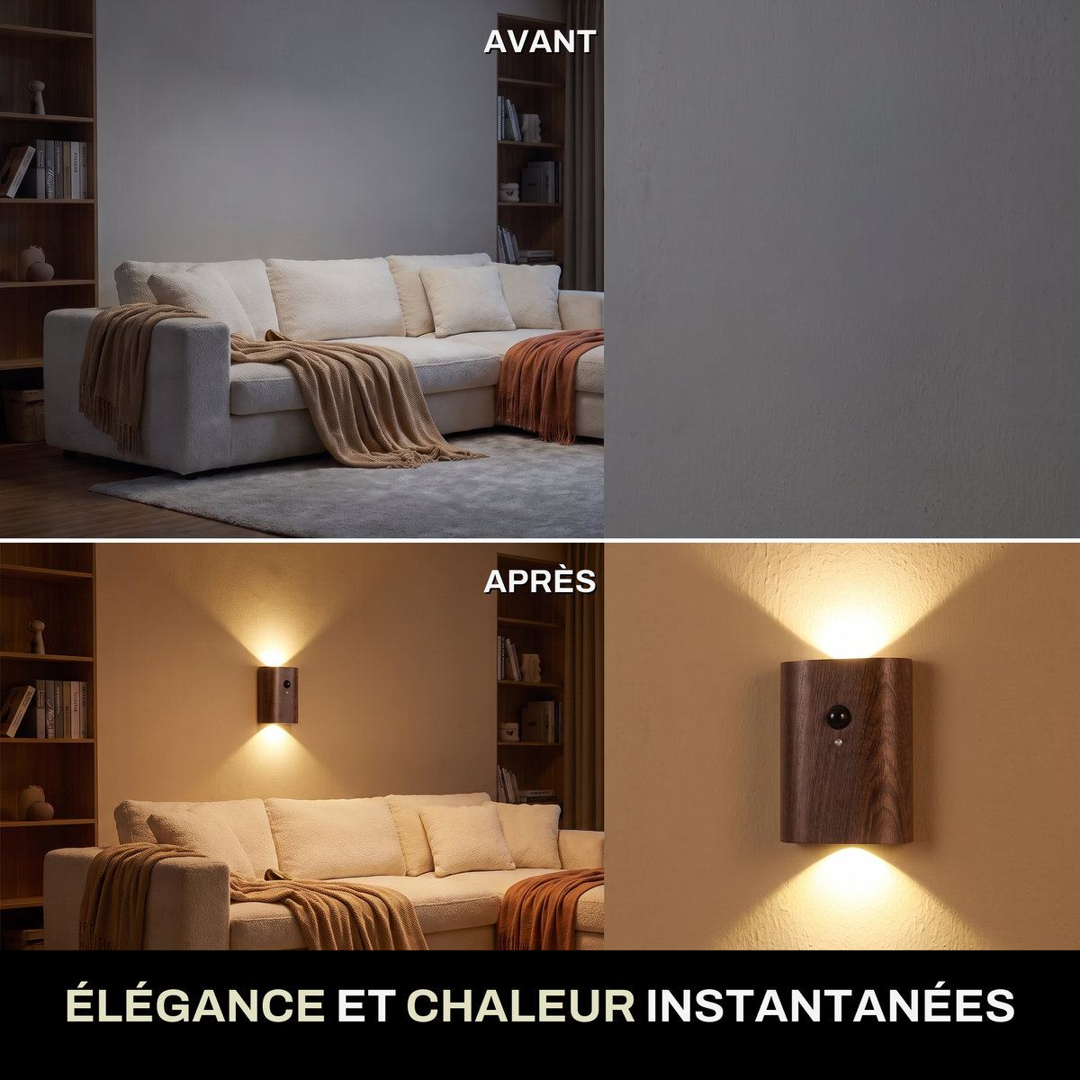 Applique Murale Sans Fil Bois Massif Double Éclairage Haut et Bas avec Détecteur de Mouvement, Rechargeable et Sans Perçage - Octave