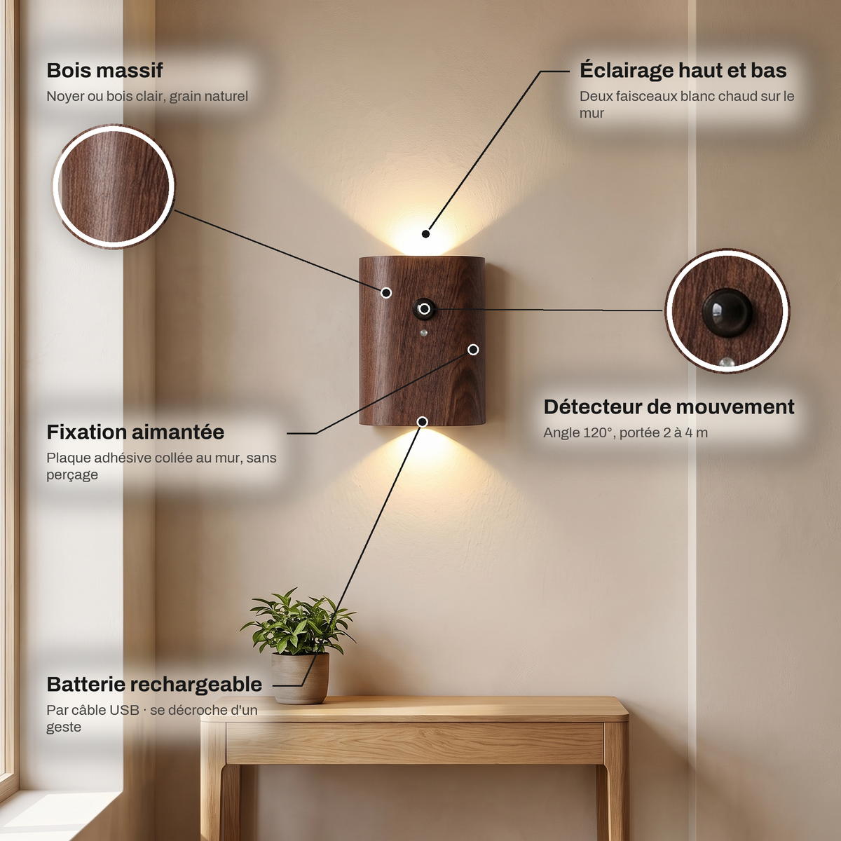 Applique Murale Sans Fil Bois Massif Double Éclairage Haut et Bas avec Détecteur de Mouvement, Rechargeable et Sans Perçage - Octave