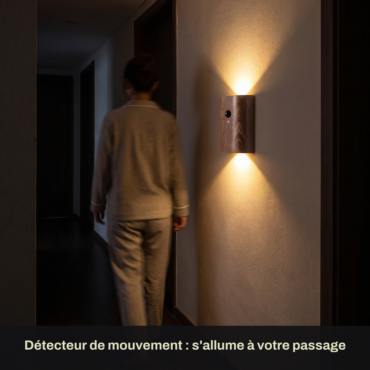 Applique Murale Sans Fil Bois Massif Double Éclairage Haut et Bas avec Détecteur de Mouvement, Rechargeable et Sans Perçage - Octave