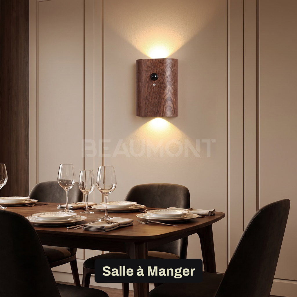Applique Murale Sans Fil Bois Massif Double Éclairage Haut et Bas avec Détecteur de Mouvement, Rechargeable et Sans Perçage - Octave