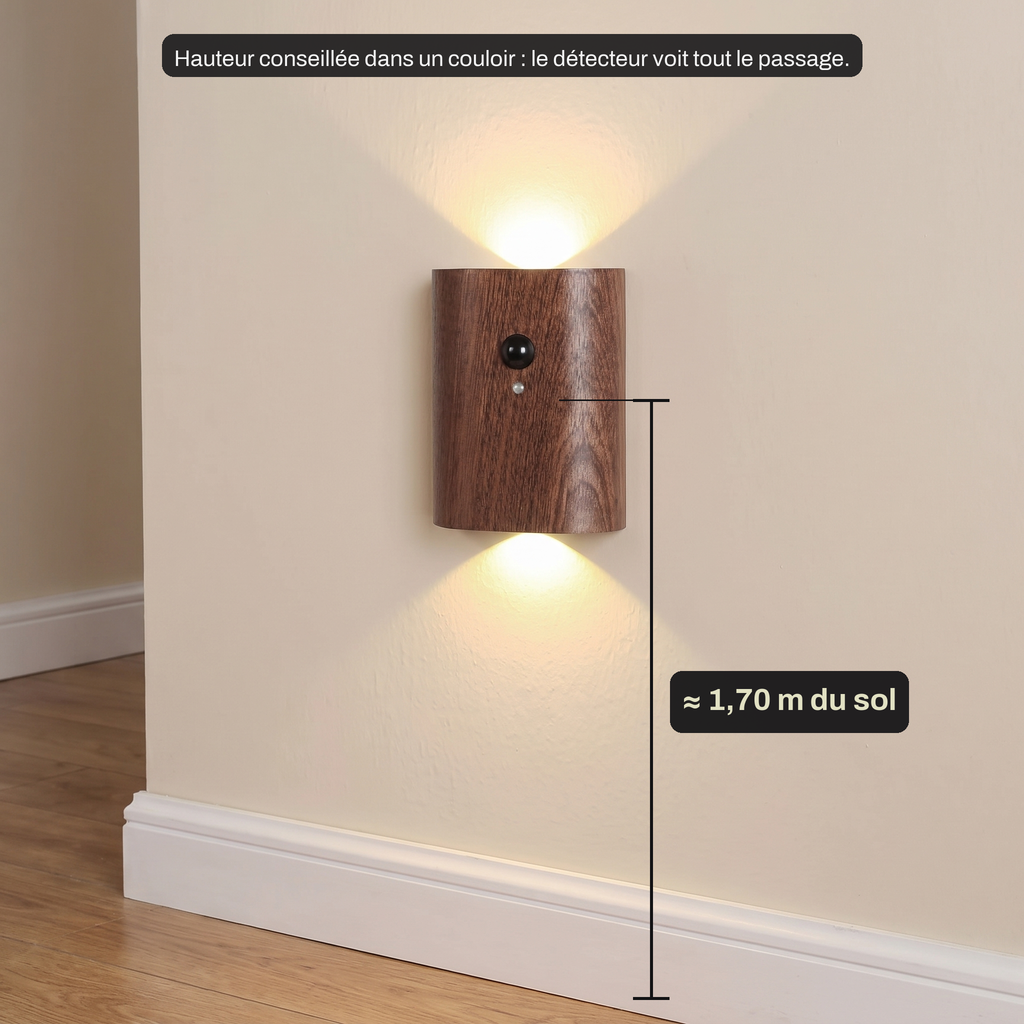 Applique Murale Sans Fil Bois Massif Double Éclairage Haut et Bas avec Détecteur de Mouvement, Rechargeable et Sans Perçage - Octave