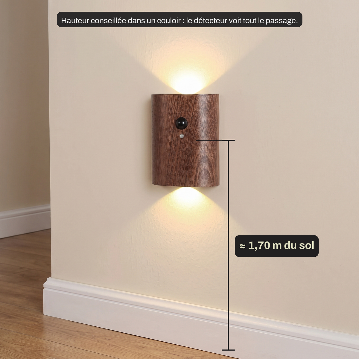 Applique Murale Sans Fil Bois Massif Double Éclairage Haut et Bas avec Détecteur de Mouvement, Rechargeable et Sans Perçage - Octave