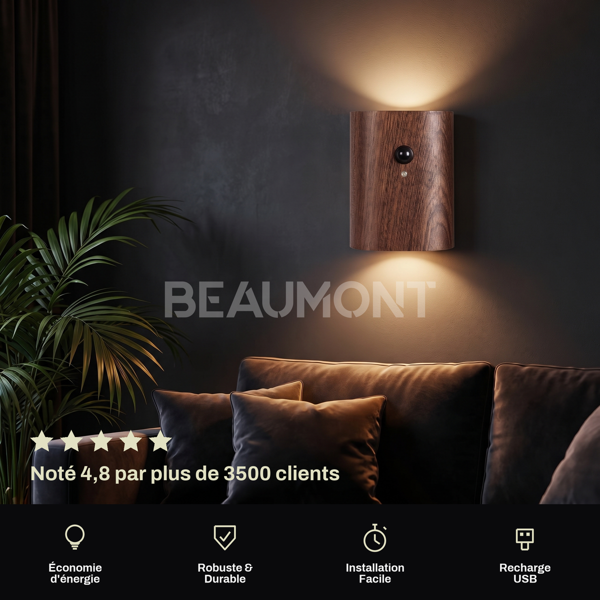 Applique Murale Sans Fil Bois Massif Double Éclairage Haut et Bas avec Détecteur de Mouvement, Rechargeable et Sans Perçage - Octave