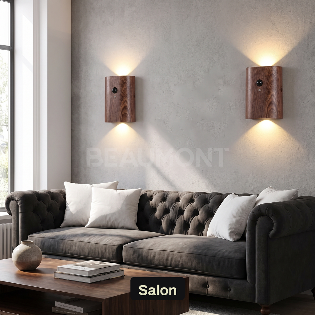Applique Murale Sans Fil Bois Massif Double Éclairage Haut et Bas avec Détecteur de Mouvement, Rechargeable et Sans Perçage - Octave