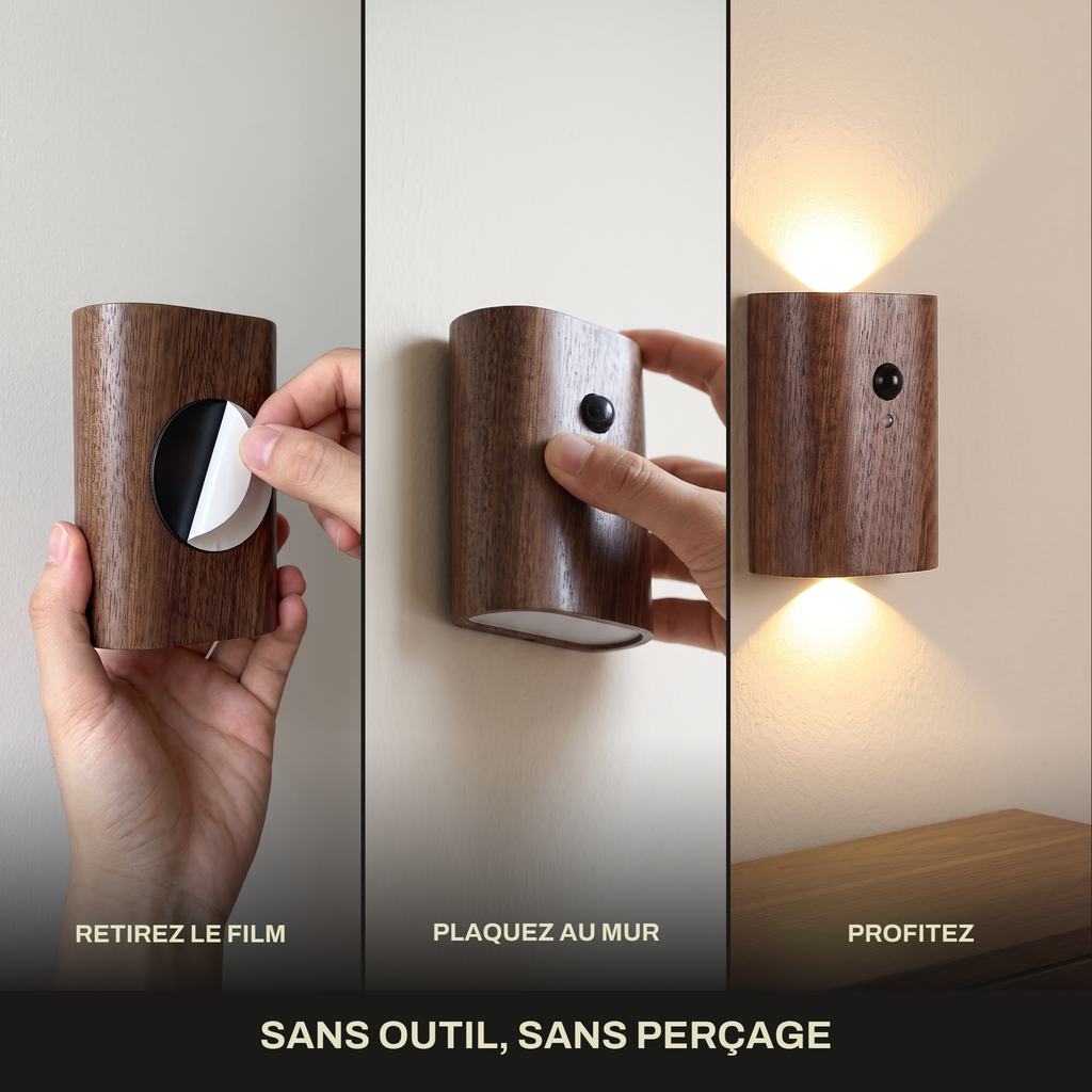 Applique Murale Sans Fil Bois Massif Double Éclairage Haut et Bas avec Détecteur de Mouvement, Rechargeable et Sans Perçage - Octave