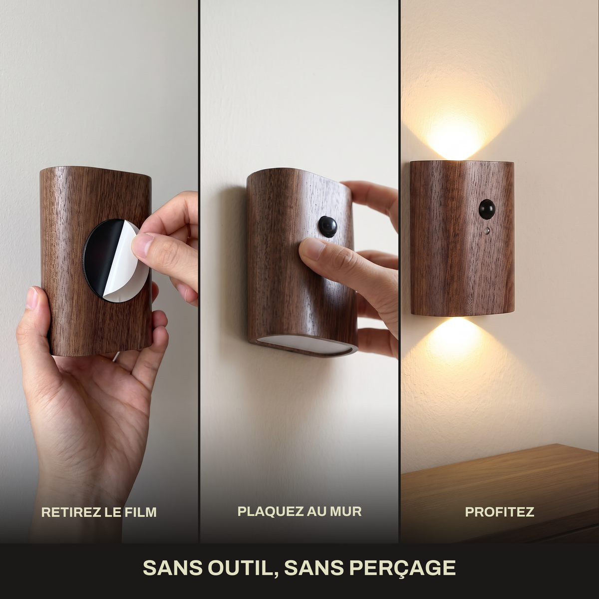 Applique Murale Sans Fil Bois Massif Double Éclairage Haut et Bas avec Détecteur de Mouvement, Rechargeable et Sans Perçage - Octave