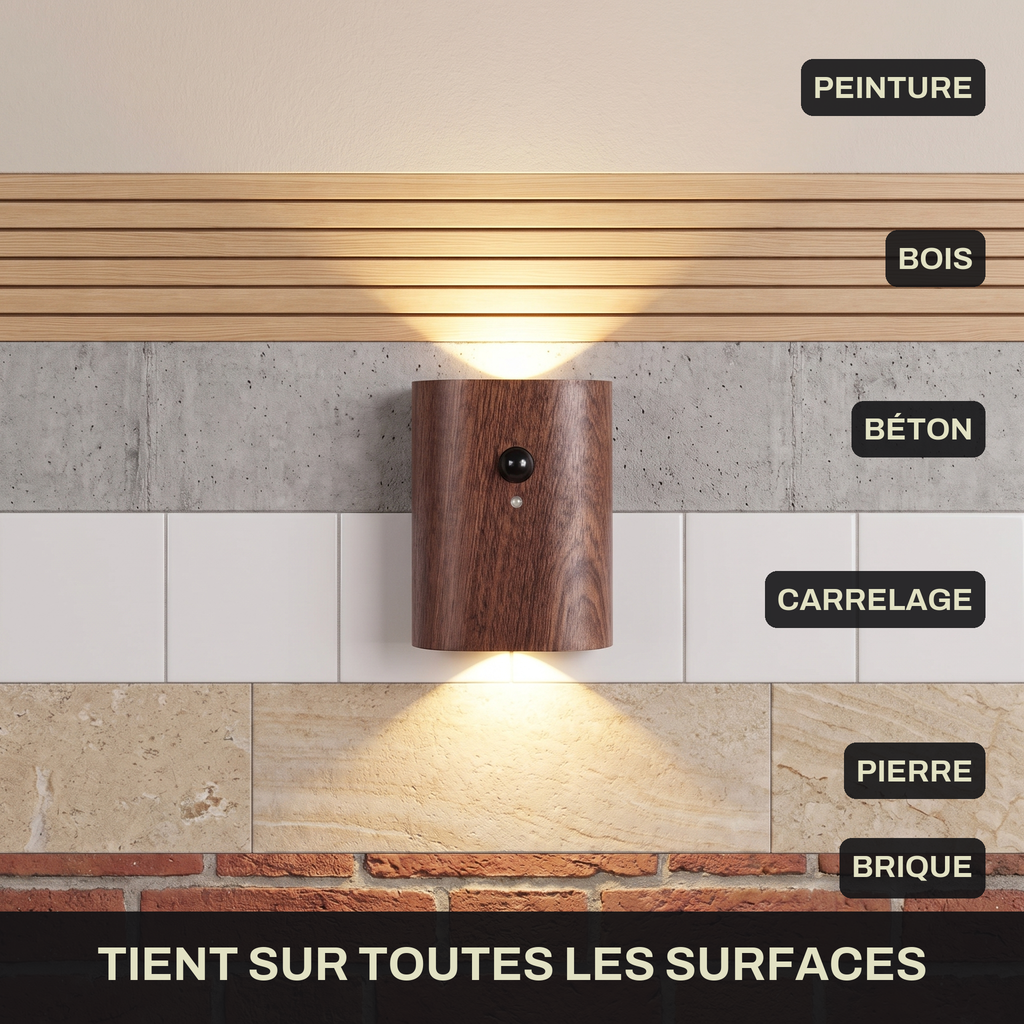 Applique Murale Sans Fil Bois Massif Double Éclairage Haut et Bas avec Détecteur de Mouvement, Rechargeable et Sans Perçage - Octave