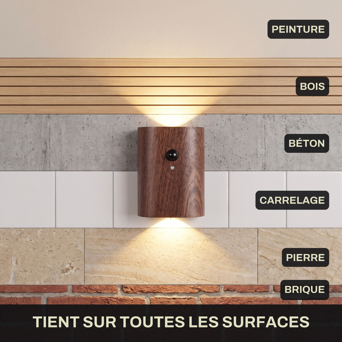 Applique Murale Sans Fil Bois Massif Double Éclairage Haut et Bas avec Détecteur de Mouvement, Rechargeable et Sans Perçage - Octave