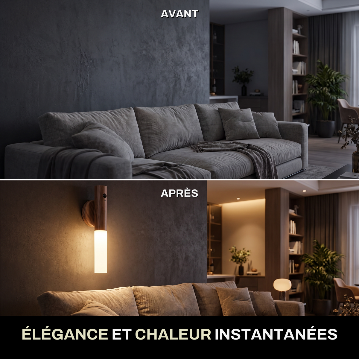 Applique Murale Sans Fil Rechargeable Finition Bois avec Détecteur de Mouvement, Aimantée et Sans Perçage - Candice