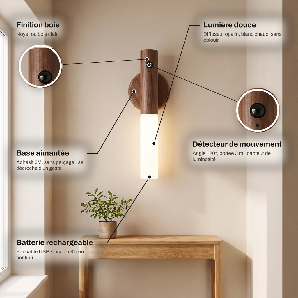 Applique Murale Sans Fil Rechargeable Finition Bois avec Détecteur de Mouvement, Aimantée et Sans Perçage - Candice