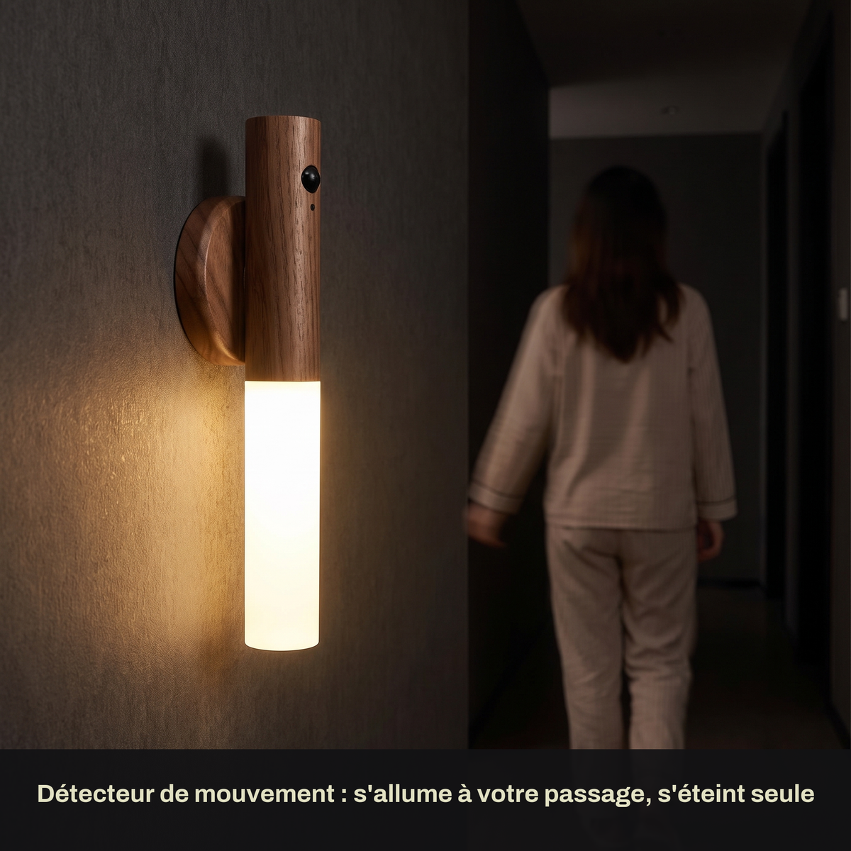Applique Murale Sans Fil Rechargeable Finition Bois avec Détecteur de Mouvement, Aimantée et Sans Perçage - Candice