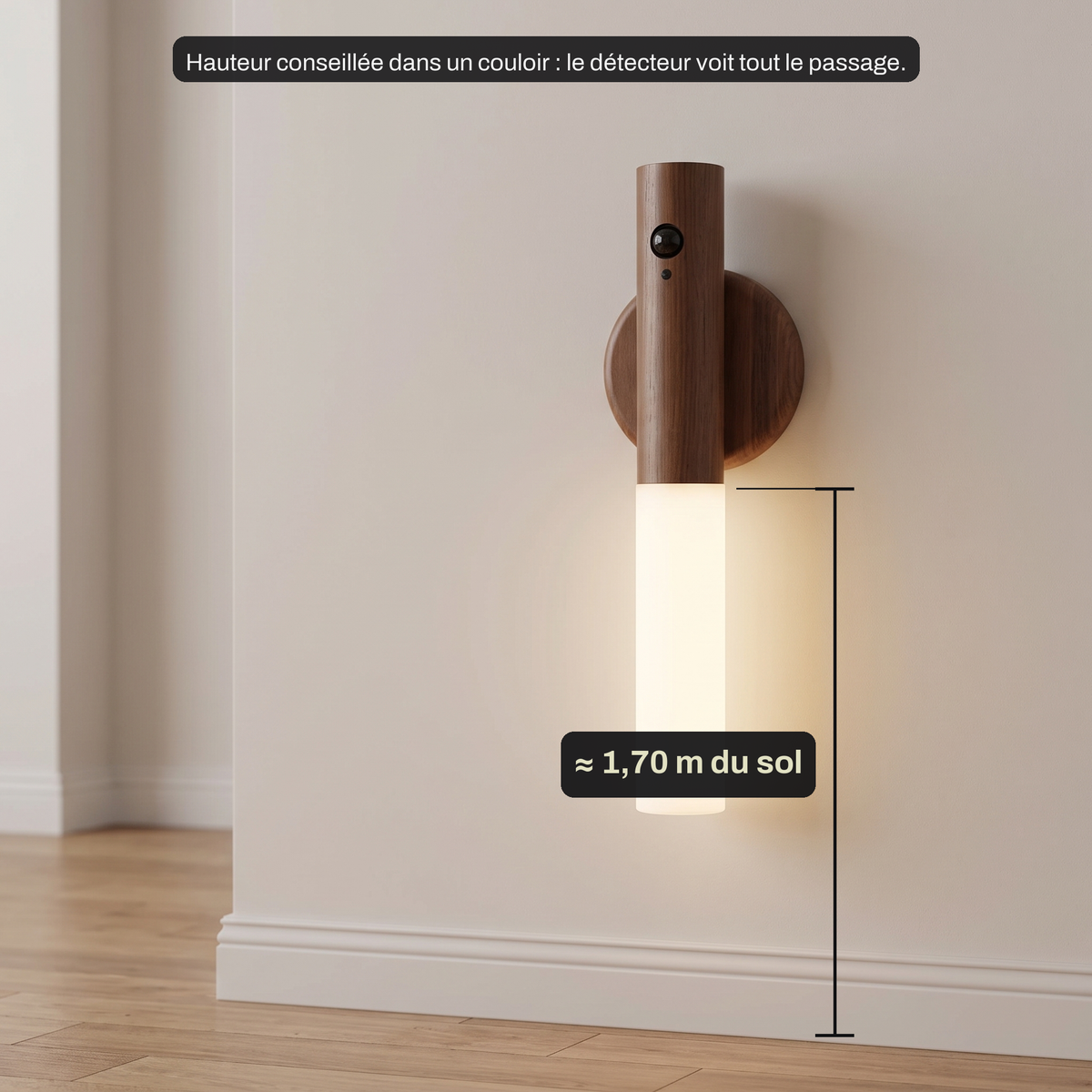 Applique Murale Sans Fil Rechargeable Finition Bois avec Détecteur de Mouvement, Aimantée et Sans Perçage - Candice