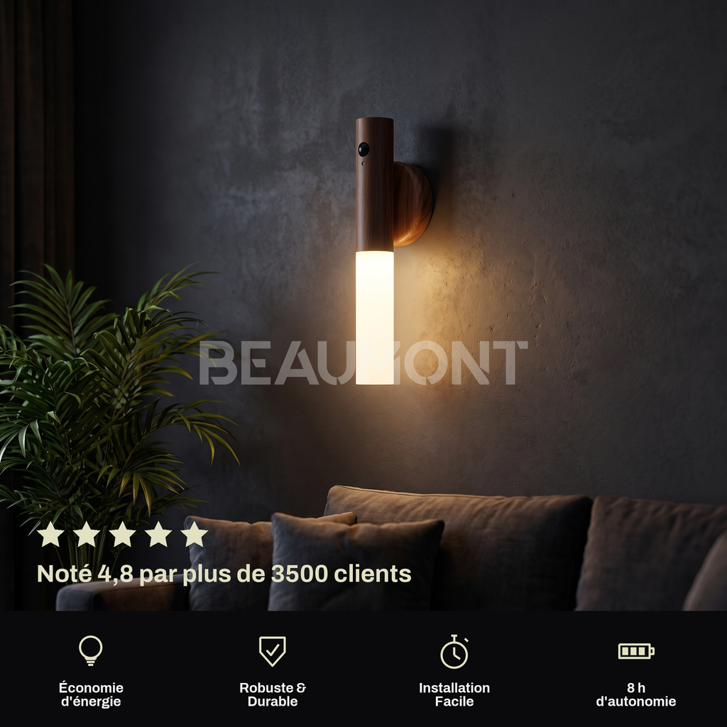 Applique Murale Sans Fil Rechargeable Finition Bois avec Détecteur de Mouvement, Aimantée et Sans Perçage - Candice