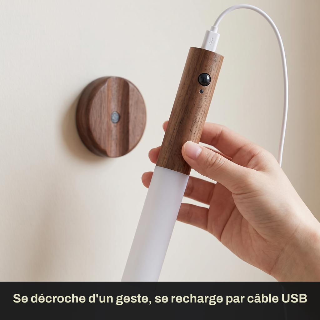 Applique Murale Sans Fil Rechargeable Finition Bois avec Détecteur de Mouvement, Aimantée et Sans Perçage - Candice
