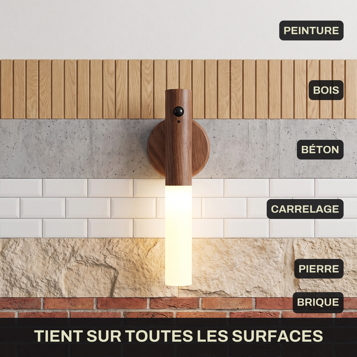Applique Murale Sans Fil Rechargeable Finition Bois avec Détecteur de Mouvement, Aimantée et Sans Perçage - Candice