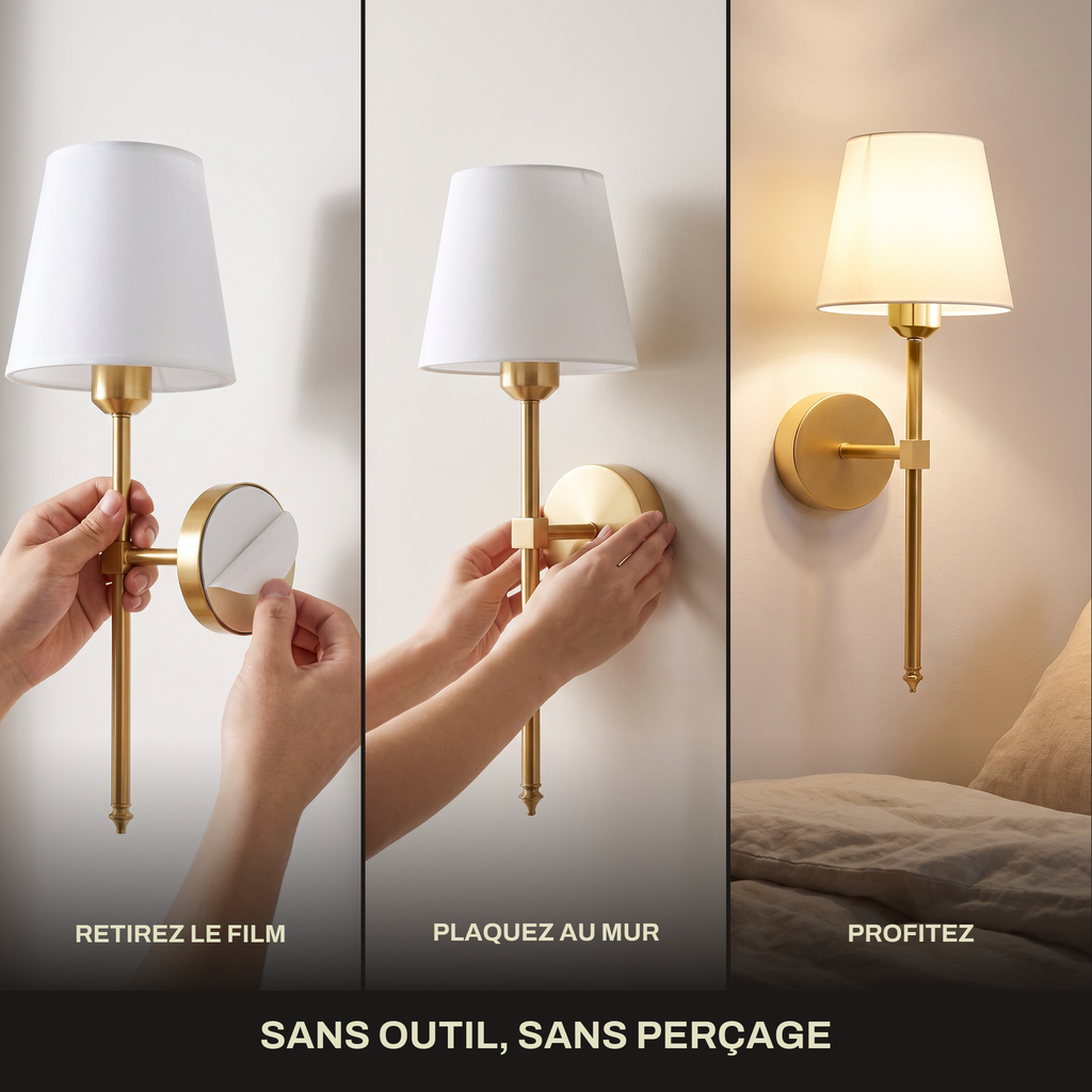 Applique murale sans fil rechargeable à abat-jour tissu, sans percer ni branchement électrique, avec télécommande et intensité réglable | Marquise