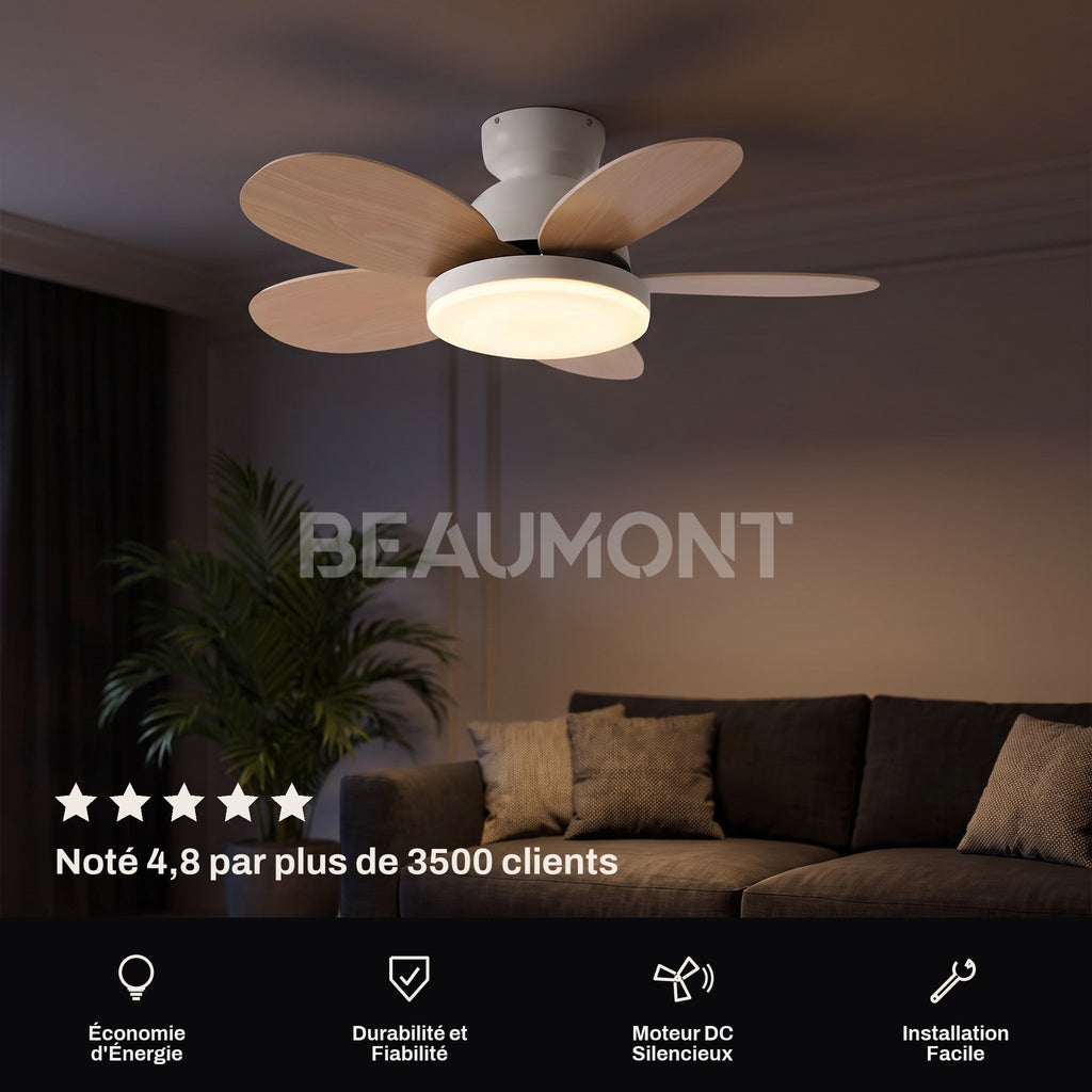 Petit ventilateur de plafond silencieux Capucine 5 pales effet bois avec lumière LED