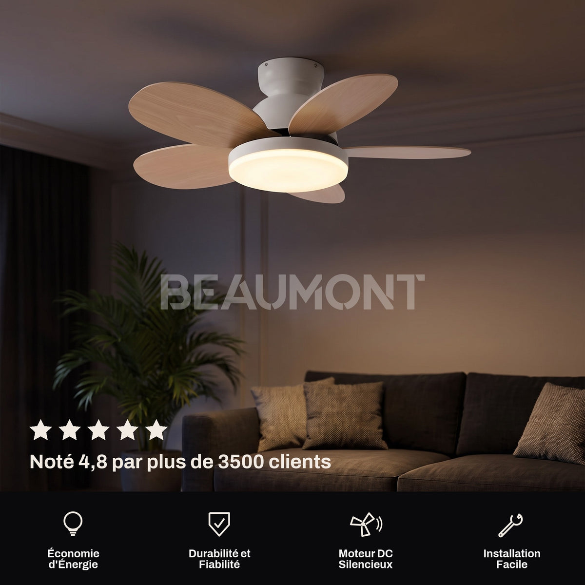 Petit ventilateur de plafond silencieux Capucine 5 pales effet bois avec lumière LED